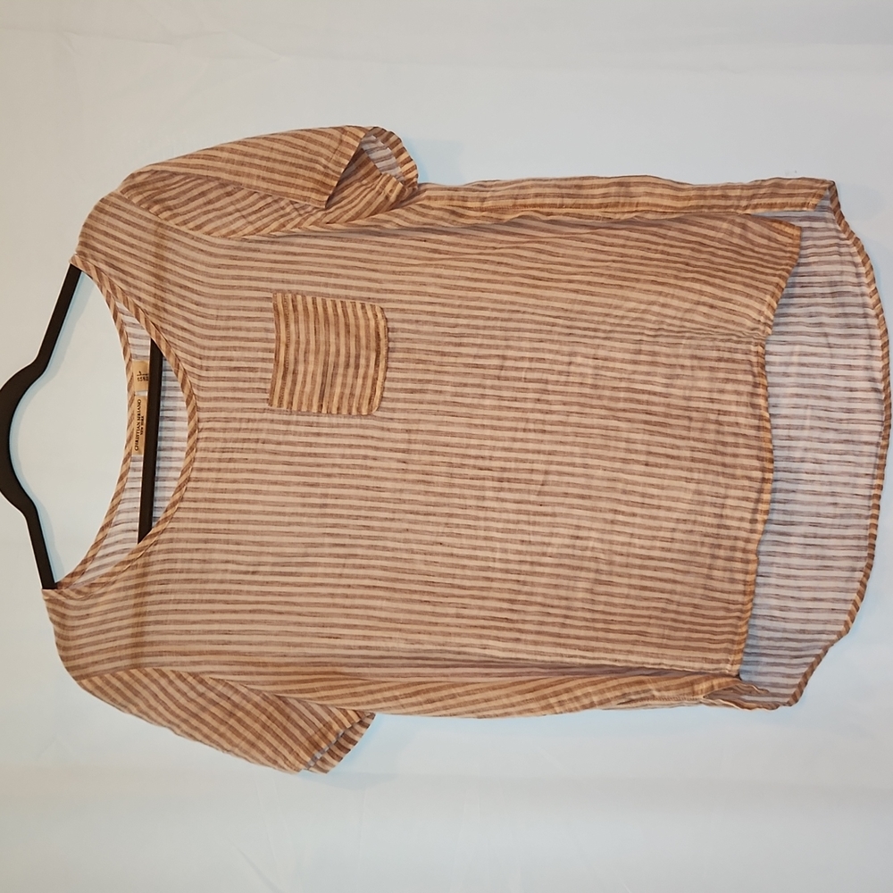 Cream tan/Taupe short sleeve linen top shirt blouse longer in back pocket small
